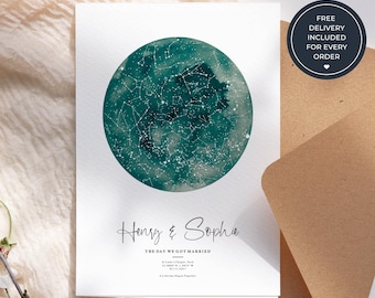 Wedding Star Map Greeting Card, Personalised Night Sky Wedding Card, Newlywed Keepsake Gift