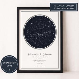 Könnte beinhalten: Gerahmter Druck mit einer dunkelblauen Sternenkarte in einem kreisförmigen Design. Der Druck enthält die Namen "Hannah & Oliver" und den Text "When he asked and she said yes." Der Rahmen ist schwarz.