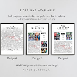 Puede incluir: Tres impresiones enmarcadas con bordes negros. Cada una presenta un mapa con una ruta roja, el texto "ANY MARATHON" y el nombre "CATHERINE WELSH". El dise&ntilde;o 5 incluye fotos y datos de la carrera. El texto "9 DESIGNS AVAILABLE" est&aacute; en la parte superior.