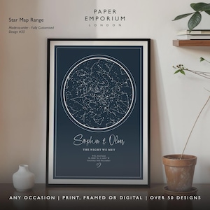 May include: A framed star map print with a navy blue background. The print features a circular star chart with white constellations, personalized with names and a date. The text "Star Map Range" and "The Night We Met" are also visible.