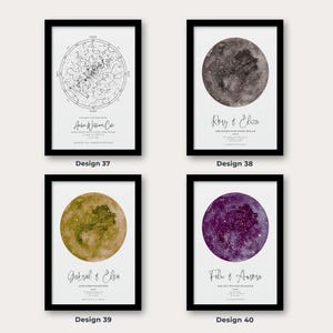 May include: Four framed celestial art prints. Each print features a star map or moon design in various colors, including black and white, gray, gold, and purple. Each print has a black frame and includes names and dates.