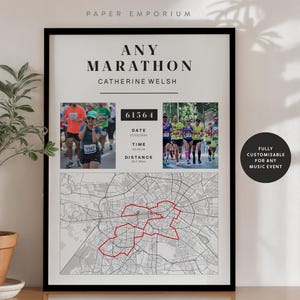May include: Black framed print with the text "ANY MARATHON" and "CATHERINE WELSH". Includes photos of runners, race details, and a map with a red highlighted route. The print is customizable for any music event.
