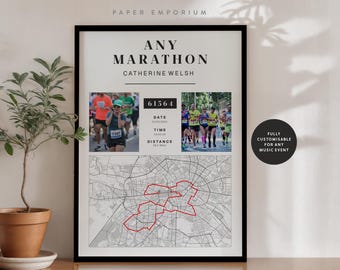 Może przedstawiać: Czarny, oprawiony wydruk z napisem "ANY MARATHON" i "CATHERINE WELSH". Zawiera zdjęcia biegaczy, szczegóły wyścigu i mapę z czerwoną trasą. W pełni konfigurowalny dla każdego wydarzenia muzycznego.