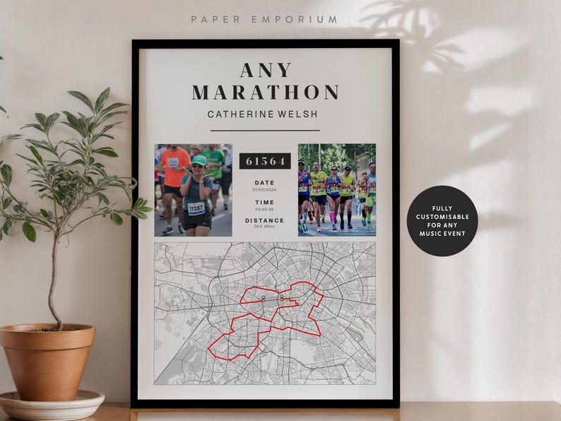 Puede incluir: Impresi&oacute;n enmarcada en negro con el texto "ANY MARATHON" y "CATHERINE WELSH". Incluye fotos de corredores, detalles de la carrera y un mapa con una ruta resaltada en rojo. Personalizable para cualquier evento musical.