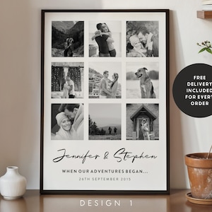 Op de afbeelding: Zwart-wit fotocollage print met negen foto's van een stel. De print heeft de tekst "Jennifer & Stephen WHEN OUR ADVENTURES BEGAN... 26TH SEPTEMBER 2015" onderaan.