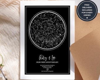 Personalised Couple Anniversary Card, Custom Night Sky Star Map Greeting Card, Romantic Keepsake