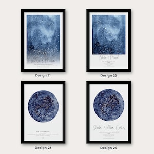 May include: Four framed art prints with black frames. Two prints feature a blue watercolor background with white text. The other two prints have a blue celestial map design. Each print has text with names and dates. Designs 21, 22, 23, and 24 are visible.