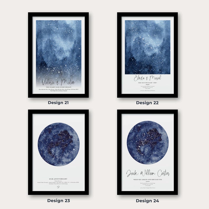 May include: Four framed art prints with black frames. Two prints feature a blue watercolor background with white text. The other two prints have a blue celestial map design. Each print has text with names and dates. Designs 21, 22, 23, and 24 are visible.
