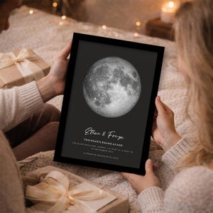 May include: A framed print with a grayscale image of the moon. The print includes the text "Ethan & Freya, Two Hearts Bound as One." The black framed print has a dark grey background.