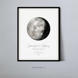 May include: A black and white watercolor illustration of a crescent moon with the text "Jennifer & Harry THE NIGHT WE MET Fife, Scotland 14.2081, 3.1495 Saturday 10th December 2005" below it.