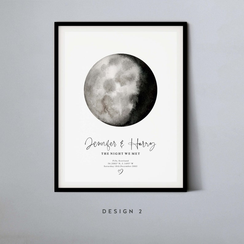 May include: A black and white watercolor illustration of a crescent moon with the text "Jennifer & Harry THE NIGHT WE MET Fife, Scotland 14.2081, 3.1495 Saturday 10th December 2005" below it.