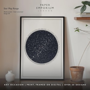 May include: A framed star map print with a black frame. The print features a dark blue circle filled with white stars, with text around the circle. The text reads "Sarah & Michael: THE NIGHT YOU ASKED AND I SAID 'YES'" and other details. The print is displayed on a wall.