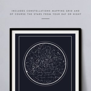 May include: A black and white star chart print with a dark blue background. The chart shows the constellations and stars visible on a specific date and time. The print is framed in a black frame.