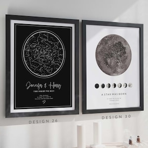 May include: Two framed art prints. One features a black background with a white star map and the text "Jennifer & Harry, The Night We Met." The other print shows a grayscale moon and phases with the text "A Star Was Born."
