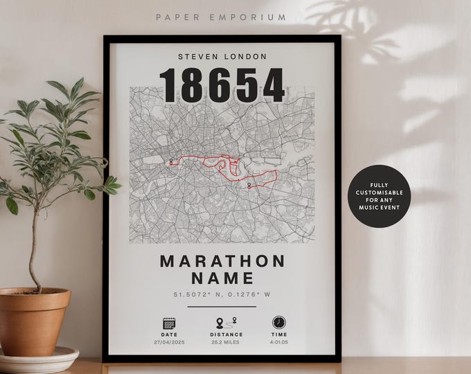N'importe quelle carte d'achèvement de marathon ou de course - cadeau parfait pour les coureurs de Londres, marathon, données d'achèvement personnalisées, commémoration, cadeau n° 322