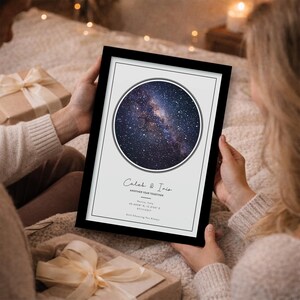 May include: A black framed print displaying a circular image of a galaxy. The print includes the names "Caleb & Iris" and the text "Another Year Together". The print also includes the location Venice, Italy and the date 07/11/2017.