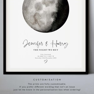 May include: A black and white watercolor illustration of a moon with the text "Jennifer & Harry The Night We Met Fife, Scotland 56.2082&deg; N, 3.1495&deg; W Saturday 10th December 2005 ♡" printed below. The print is a customizable art print.