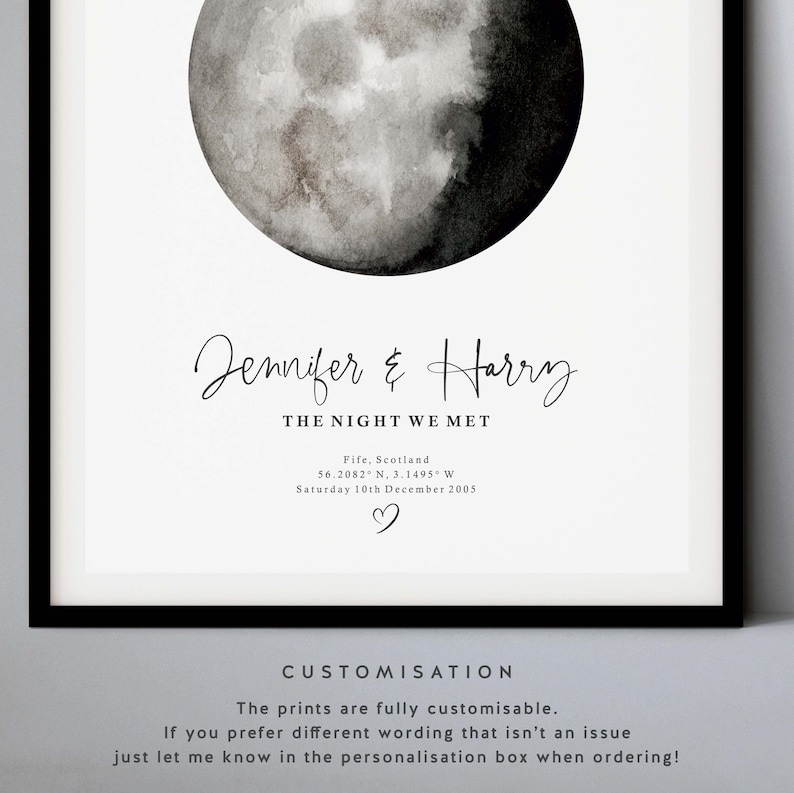 May include: A black and white watercolor illustration of a moon with the text "Jennifer & Harry The Night We Met Fife, Scotland 56.2082&deg; N, 3.1495&deg; W Saturday 10th December 2005 ♡" printed below. The print is a customizable art print.