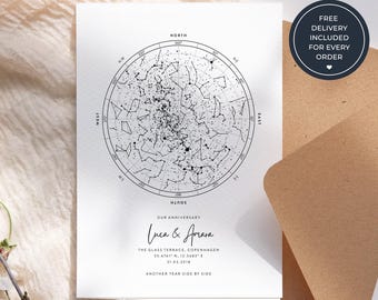 Happy Anniversary Star Map Card, Personalised Night Sky Greeting Card, Romantic Gift for Him or Her