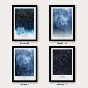 May include: Four framed art prints with a celestial theme. Each print features a watercolor-style depiction of a night sky in shades of blue and white, with text at the bottom. The frames are black.