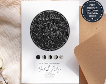 Anniversary Greeting Card with Personalised Star Map, Custom Night Sky Card for Couples