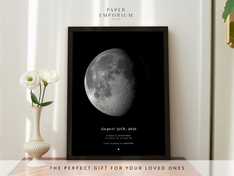May include: A black and white print of the moon as it appeared on August 30th, 2021. The print includes the date, "Saran & Jonathan", and the coordinates "51.5872 N..." The text "Love Always & Forever" is also included.
