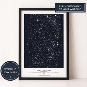 Puede incluir: Una impresión enmarcada que representa un cielo nocturno azul oscuro salpicado de puntos blancos en forma de estrella. La impresión enmarcada en negro incluye el texto "OUR WEDDING DAY" y "FULLY CUSTOMISED TO YOUR WORDING". Una pegatina circular dice "WEDDING DAY GIFTS".