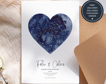Anniversary Greeting Card with Personalised Star Map, Custom Night Sky Card for Couples