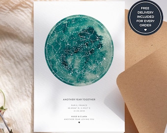 Anniversary Greeting Card with Personalised Star Map, Custom Night Sky Card for Couples