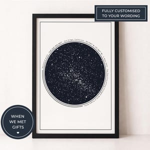 May include: A framed print with a dark blue star map in a circular design on a white background. The print includes text with a location, date, and names. The black frame surrounds the print, which is labelled "FULLY CUSTOMISED TO YOUR WORDING".