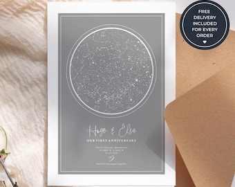 Personalised Couple Anniversary Card, Custom Night Sky Star Map Greeting Card, Romantic Keepsake