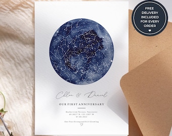 Personalised Couple Anniversary Card, Custom Night Sky Star Map Greeting Card, Romantic Keepsake