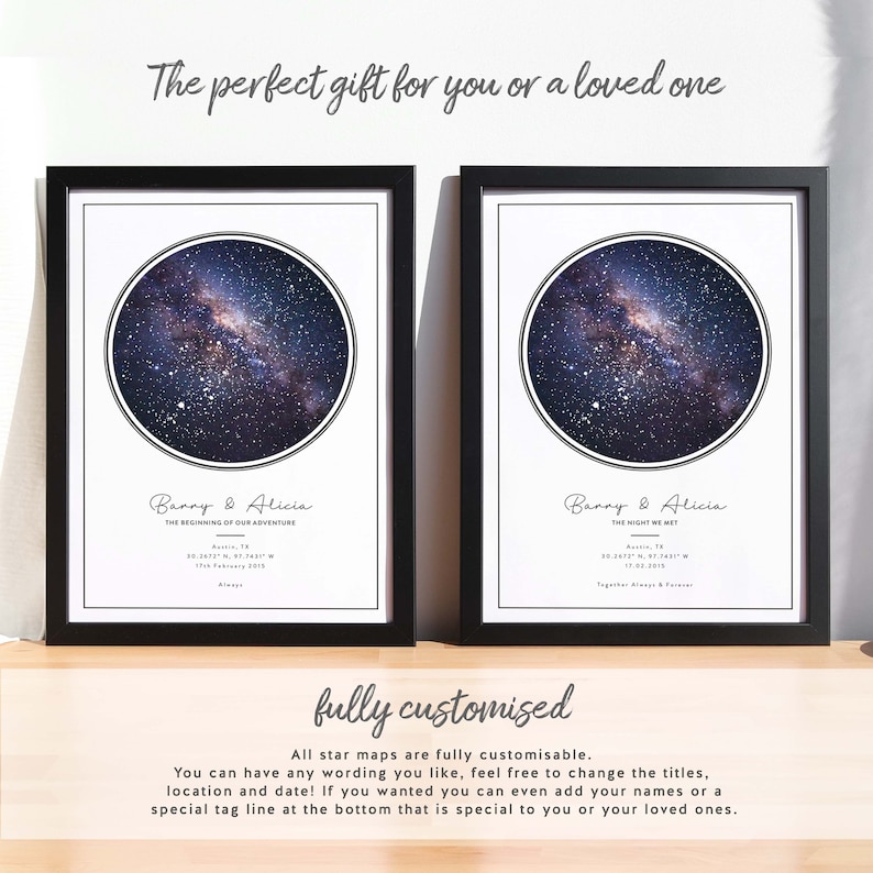 May include: Two black framed prints with a white background and a circle of stars in the center. The text "Banny & Alicia" is at the bottom of each print. The left print says "The Beginning of Our Adventure" and the right print says "The Night We Met".