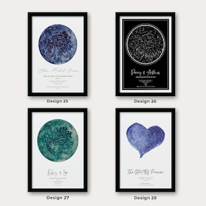 May include: Four framed art prints with celestial themes. Designs include a blue watercolor moon with stars, a black background with a star map, a teal moon with stars, and a blue watercolor heart. Each print has text.