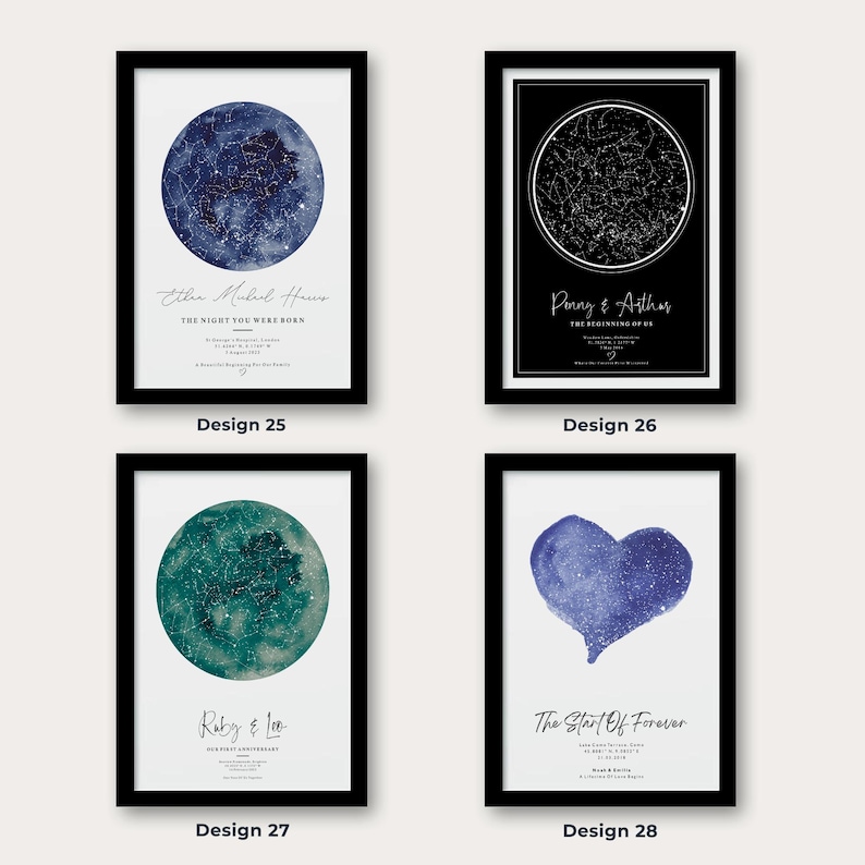 May include: Four framed art prints with celestial themes. Designs include a blue watercolor moon with stars, a black background with a star map, a teal moon with stars, and a blue watercolor heart. Each print has text.