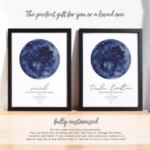 May include: Two framed star maps with a watercolor background. The first map shows the night sky on a specific date with the text "sarah THE NIGHT YOU WERE BORN" and the second map shows the night sky on a specific date with the text "tasha limbton THE NIGHT WE FIRST MET".