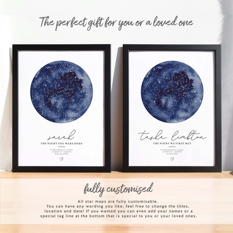 May include: Two framed star maps with a watercolor background. The first map shows the night sky on a specific date with the text "sarah THE NIGHT YOU WERE BORN" and the second map shows the night sky on a specific date with the text "tasha limbton THE NIGHT WE FIRST MET".