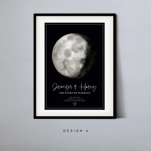 May include: Black and white printable art print with a watercolor moon and the text "Jennifer & Harry The Night We Married Fife, Scotland 54.2002 N, 3.1495 W Saturday 10th December 2001"
