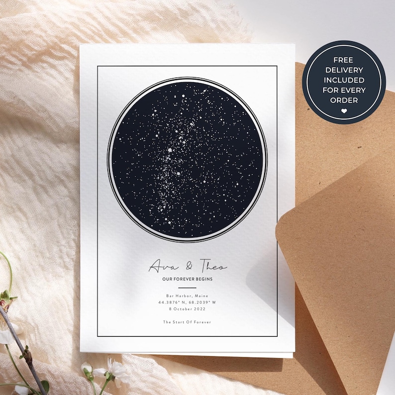 May include: A white card with a black border features a dark blue circular star map. The text "Ava & Theo" and "OUR FOREVER BEGINS" is displayed. Additional text includes location, date, and "The Start Of Forever". A brown envelope is visible.