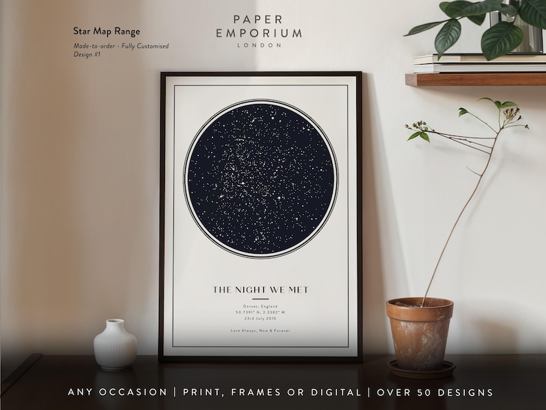 May include: Framed star map print with a dark blue celestial design. The print includes the text "THE NIGHT WE MET" and other details. The words "ANY OCCASION | PRINT, FRAMES OR DIGITAL | OVER 50 DESIGNS" are at the bottom.