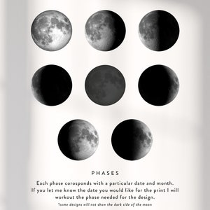 May include: A black and white illustration of the eight phases of the moon. The text "PHASES" is at the bottom of the image. The text below the title reads "Each phase corresponds with a particular date and month. If you let me know the date you would like for the print I will workout the phase needed for the design. "some designs will not show the dark side of the moon"