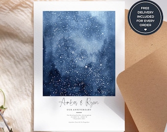 Personalised Couple Anniversary Card, Custom Night Sky Star Map Greeting Card, Romantic Keepsake
