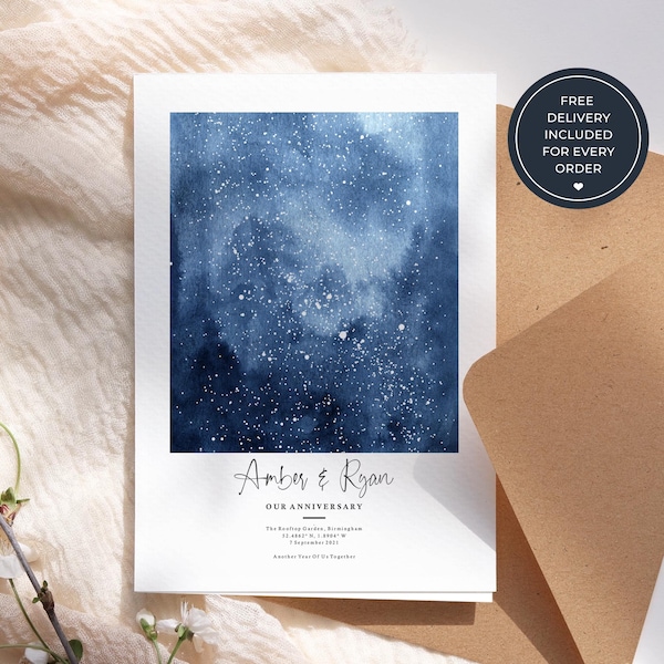 Personalised Couple Anniversary Card, Custom Night Sky Star Map Greeting Card, Romantic Keepsake