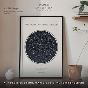 May include: A framed star map print with a black frame. The print features a dark blue circle filled with white stars, with the text "THE NIGHT OUR STARS ALIGNED". The print includes the text "Star Map Range" and "Paper Emporium London".