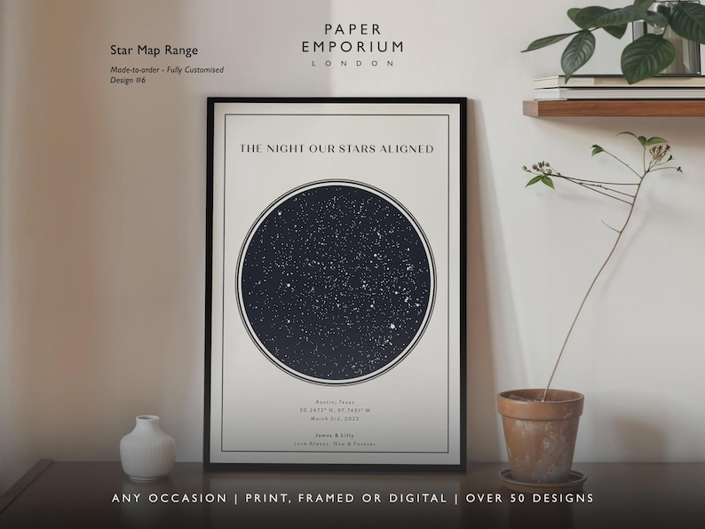 May include: A framed star map print with a black frame. The print features a dark blue circle filled with white stars, with the text "THE NIGHT OUR STARS ALIGNED". The print includes the text "Star Map Range" and "Paper Emporium London".