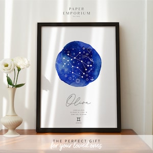 Custom Zodiac Gemini Constellation Print, Star Sign Gift, Astrology Print, Zodiac Gift, Nursery Decor, Gemini Date Print, Star Sign #284