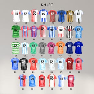 Op de afbeelding: Een schema met 36 verschillende voetbaltruides. Elke trui heeft een unieke kleurencombinatie en patroon. De truien zijn genummerd 00 en gelabeld met de letters A1 tot en met E6.