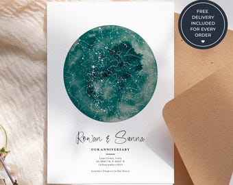 Anniversary Greeting Card with Personalised Star Map, Custom Night Sky Card for Couples