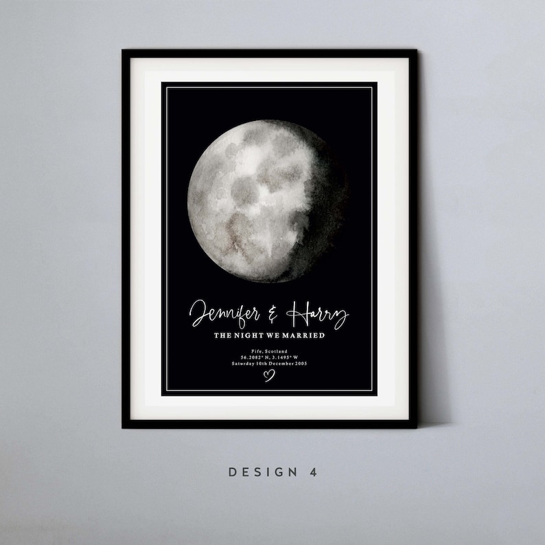 May include: Black and white printable art print with a watercolor moon and the text "Jennifer & Harry The Night We Married Fife, Scotland 54.2002 N, 3.1495 W Saturday 10th December 2001"