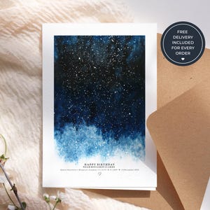 Puede incluir: Una impresión rectangular con un cielo nocturno de acuarela azul oscuro y negro lleno de estrellas blancas. El texto dice: HAPPY BIRTHDAY, NOAH BENJAMIN CLARKE, Queen Charlotte's Hospital, London | 51.5175° N, 0.2369° W | 19 December 2022.